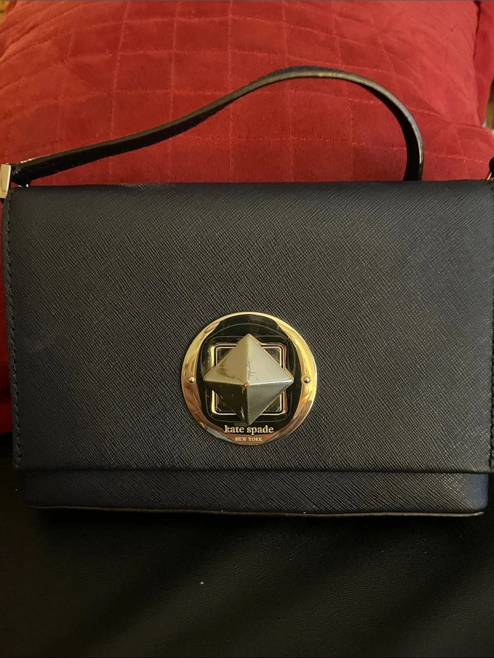 kate spade black leather crossbody with gold-tone medallion Adjustable Strap